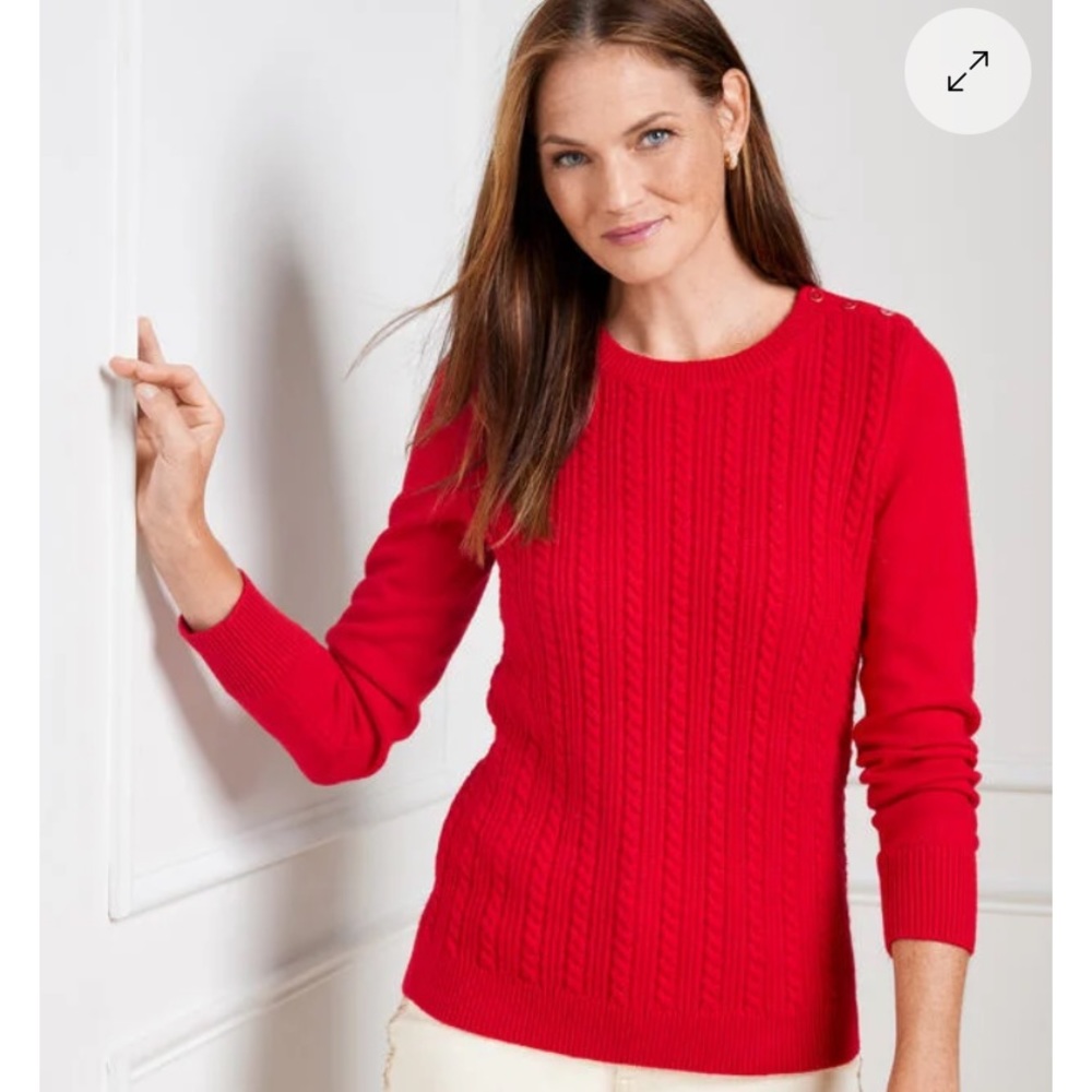 Talbots red cable knit sweater with crewneck & button shoulder Size M ❤️